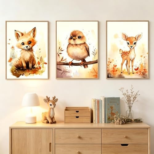 3 Poster Tiere Kinder Wanddekoration Kinderzimmer Fuchs Hirsch Bild Safari 30 x 40 cm Boho Kunstdruck auf Leinwand Mädchen Jungen Geschenk ohne Rahmen