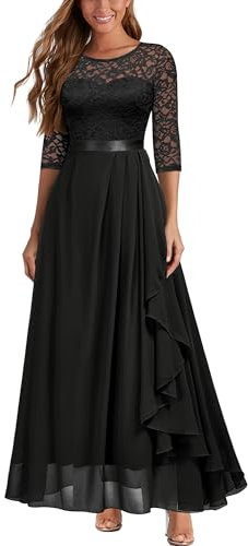 MIUSOL Women's Vintage Floral Lace Half Sleeves Ruffles Trim Bridesmaids Party Gown Formal Maxi Dress (Small, Black)