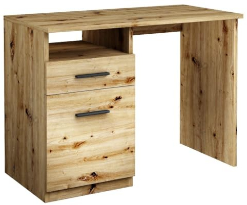 MATKAM Schreibtisch Bodo DSP H 75 x B 100 x T 50 cm, laminierte Möbelplatte, Schublade mit Metalllaufleiste auf Rollen, Ablage mit Tür, Metallscharniere, satinierte Griffe (Artisan Eiche)