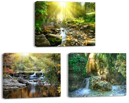 PIY PAINTING Toile Tableaux Vue sur le lever du soleil, Forêt, Impression sur Toile Cascade Ruisselet Décoration Murale, Art Mural pour Chambre Bureau Galerie 3 pièces 40x30cm, Cadre Intérieur en bois