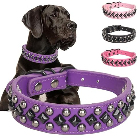 Pimaodog Hundehalsband aus PU-Leder mit Nieten für kleine, mittelgroße und große Hunde, Pitbull, Mastiff, Labrador, Boxer, Rottweiler, Deutscher Schäferhund (Lila, XL)