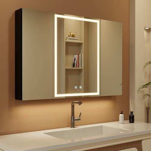 KWW LED Beleuchtetes Badezimmer Medizin Kabinett mit Spiegel, Farbtemperatur Einstellbar, Anti-Nebel Dimmbare Lichter, Steckdosen für USBs (100 x 70 cm)
