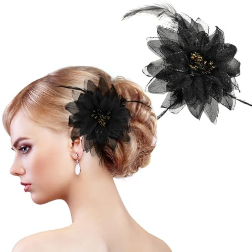 MWOOT 2 Stück Feder Blume Haarspange für Damen, 1920s Fascinator Feder Haarnadel, Schwarz Blumen 20er Jahre Haarschmuck für Karneval Halloween Cocktail Hochzeit Tee-Party Accessoires