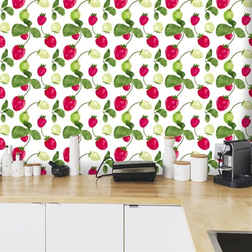 Papier Adhesif pour Meuble Fraises Rouges Vertes Papier Peint Adhesif Mural Vinyle Papier Collant pour Meuble Imperméable Papier Peint Autocollant Mur Papier Peint Adhesif 1P (40x100 cm)