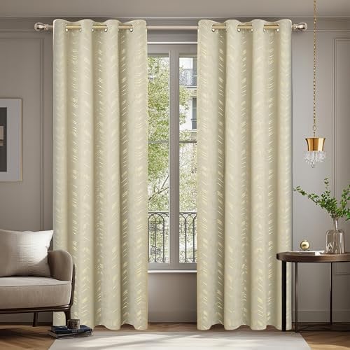 Deconovo Verdunkelungsvorhänge mit Ösen Blickdichte Gardinen Wohnzimmer Dicke Thermovorhang Kälteschutz Linienmuster Vorhänge, 180x140 cm(HöhexBreite), Beige, 2er Set