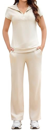 Aottori Femme 2 Pcs Ensemble Jogging Sweater Top Sweatshirt Sport Pantalon Jambe Large Ensemble Sportswear Abricot S