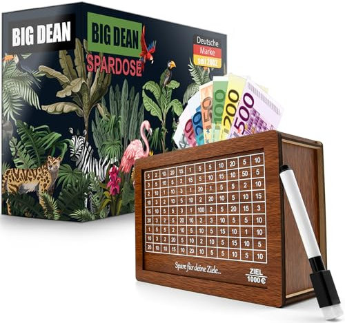 BigDean Spardose aus Holz mit Ziel 1000€ – fertig montiert,Wiederverwendbar Holzspardose mit Sparziel zum Ankreuzen