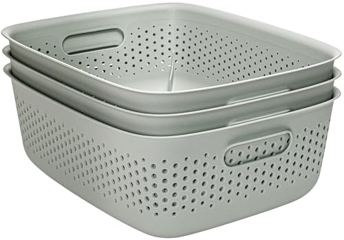 KONZEPT 3er Set Aufbewahrungsbox 10l, Aufbewahrungskorb aus Kunststoff mit Griff, perforierte, grünlich Boxen zur Aufbewahrung