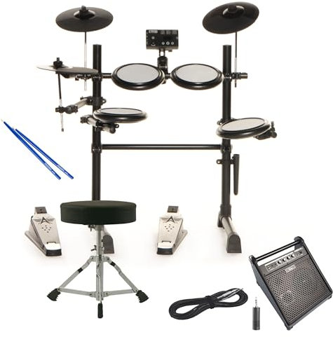 Fame DD-Kiddy E-Drum Set, Mesh Pads, 9 Trigger-Eingänge, 12 Drumkits, 144 Sounds, MIDI, Mix Input, Metronom, Display, Kopfhöreranschluss, inkl. Monitor, Kabel, Adapter, Drumhocker, Sticks