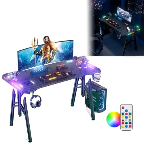 UISEBRT 140x60x73cm Escritorio Gaming de M-Frame con LED, mesa de ordenador con soporte para bebidas y gancho para auriculares, superficie de fibra de carbono, mesa para jugadores, negra, mesa gamer