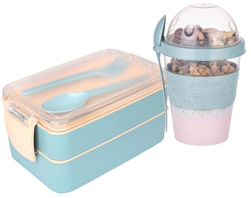 MuauM Adult Lunch Box, Leak-Proof (400 + 500) ml & 600 ml Cereal Cup, Bento Box to Go, Cutlery, Lunch Box for Microwaves and Dishwashers, School, Work, BPA Free (Turkuaz)