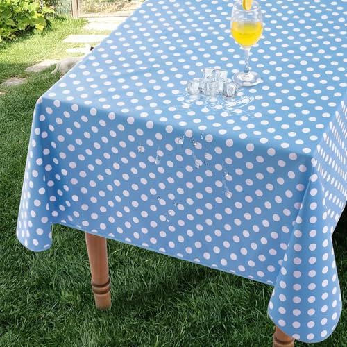 Romanstile Wachstuchtischdecke Outdoor Tischdecke Wetterfest 100x140 cm Blau mit Punkten Tischdecken PVC Wasserdicht Plastiktischdecke für Hochzeit, Geburtstag,Party,Hotel,Bar,Esstisch,Gartentisch