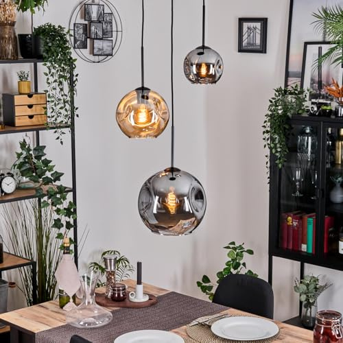 HOFSTEIN Hängeleuchte Ripoll, 3-flammige Hängelampe aus Metall/Glas in Schwarz/Rauch/Bernstein, Pendelleuchte im Retro/Vintage-Design (Schirme Ø 15; 20; 25 cm), E27, Esszimmer, Wohnzimmer, Küche