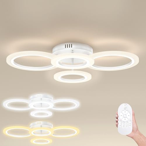 UISEBRT LED Deckenlampe Dimmbar 60W, 2+2 Ringe Runde Deckenleuchte mit Fernbedienung, 2800-6500K 3 Lichtmodi, Moderne Deckenbeleuchtung Weiß, IP44 Wasserdicht, für Schlafzimmer Wohnzimmer Esszimmer