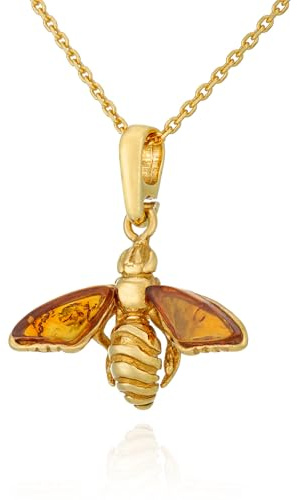 AMBEDORA Damen Biene Halskette Mod.11 mit Bernstein, Vergoldetes Sterling Silber, Baltischer Bernstein in Cognac Farbe, Vergoldetes Anhänger an Kette