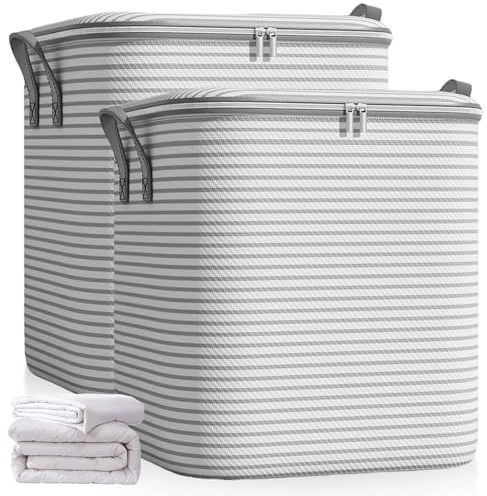 GOMETY 2 Stücke180L Aufbewahrungstasche Groß, Aufbewahrungsbox mit Deckel für Kleidung und Steppdecken, Aufbewahrungstaschen mit Reißverschluss, Kleideraufbewahrung Faltbarer für Bettdecken (grau, M)