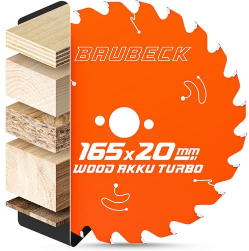 BAUBECK Hoja de sierra 165 x 20 + adaptador de 16 mm, 24 Z, corte de 1,5 mm en madera, batería de 18 V compatible con M. SP6000/J, DHS680, Bosch GKT 55/GCE S/GKS 18 V, hoja de sierra circular 165 x