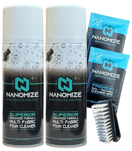 Nanomize Fabric Upholstery Cleaner for Car Interiors – Deep Cleaning Spray for Seats, Carpet & Mats – Stain & Odour Remover – Vehicle Interior Cleaner w/Cleaning Brush & Wipe, Neutral Scent 2X200ML