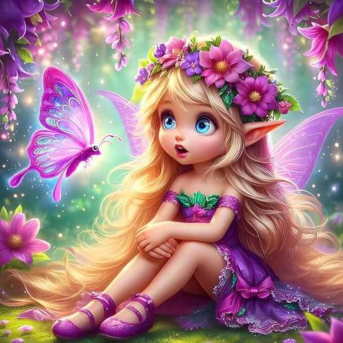 QINRUBB DIY 5D Fée Elfe Peinture Diamant Painting Kit, 5D Papillon Art du Diamant Complet Kits, Dessin Animé Diamond Art Kits Point de Croix Painting pour Adultes Débutants Maison Décor 30x30 cm