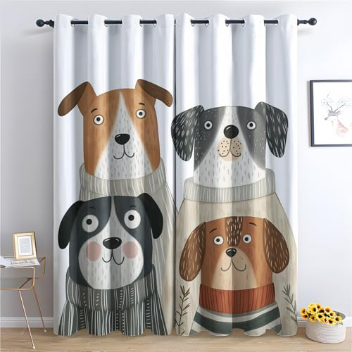 Luxfieo Hund Vorhänge Süße Cartoon Welpen Hundeliebhaber Vorhang Blickdicht Gardinen 166 cm Hoch Verdunklungsvorhänge mit Ösen Thermovorhang für Wohnzimmer Schlafzimmer Fenster Deko 2er Set T#385