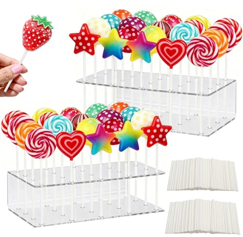 VOSSOT 2 Stück Cake Pop Ständer mit 100 Cake Pop Stiele 20 Löcher Cakepopständer Acryl Klar Lollipop Halter Cake Pop Halter Lolli Ständer Dessert Ständer für Hochzeit Geburtstag Party Deko