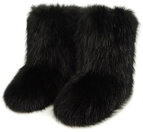 Galindopia Femmes Linda Fluffy Bottes Chaud L'hiver Bottes de Neige with Faux Raccoon Fourrure Chaussures Custome Festival Chaussures Fourrurery Feet Paws Rave Fuzzy Leg Chauder Outdoor Black Size 44