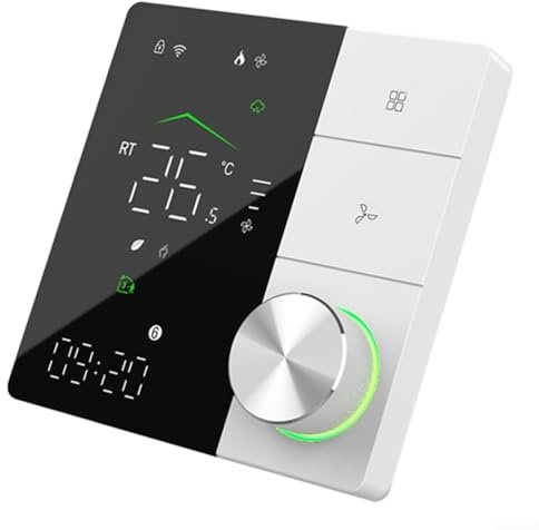 Sumsoctober Termostato WiFi para aire acondicionado Tuya, compatible con control de ventilador de 3 velocidades y programación semanal de eficiencia energética (blanco y negro)