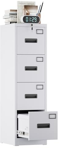 Armoire de Rangement à 4 tiroirs en métal, verrouillable pour Format A4 | tiroir de rangement anti-basculement avec fente pour carte de queue, pour bureau à domicile, blanc