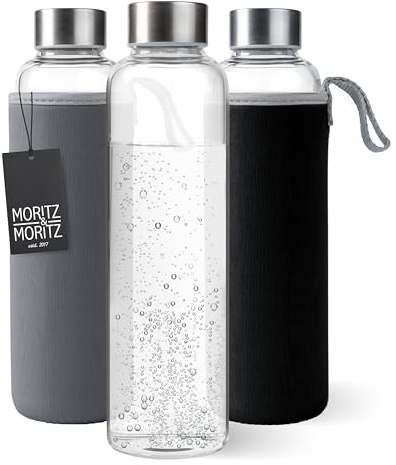 Moritz & Moritz Botella de cristal de 500 ml, apta para bebidas carbonatadas y a prueba de fugas, botella de cristal para deporte, escuela, universidad o trabajo, con funda protectora reversible de