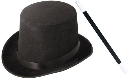 Accessoires du petit magicien avec un chapeau haut de forme noir + une baguette magique noire et blanche pour enfant. Idéal pour réaliser ses premiers tours.