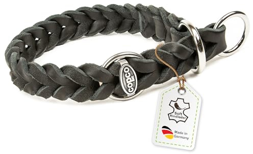 CopcoPet Hundehalsband Würger 40–45 cm x 20mm Schwarz – Geflochtenes Halsband mit Zugstopp & verchromtem Ring – Aus robustem Fettleder – Für mittelgroße Hunde – Weiches Lederhalsband fürs Training