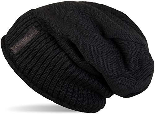 styleBREAKER Unisex Feinstrick Beanie Mütze mit weichem Fleece Innenfutter, warme Winter Strickmütze 04024065, Farbe:Schwarz