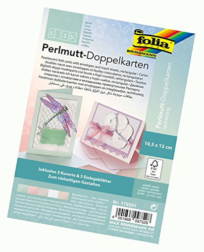 folia 179591 - Perlmutt Doppelkarten, ca. 10,5 x 15 cm, 250g/qm, 5er Set, pastell - ideal für Einladungen, Glückwunsch- oder Grußkarten