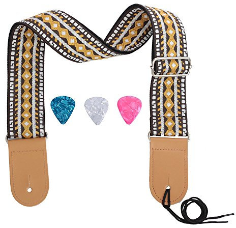 Rufun Gitarrengurt Retro Jacquard Weave Zubehör Einstellbare Länge für Basse E-Gitarre Akustische Gitarre, 3 Picks enthalten (Gelb)