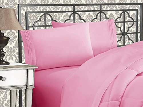 Elegant Comfort Luxuriöses 1500 Premium-Bettwäsche-Set aus Mikrofaser in Hotelqualität, dreireihig, Bestickt, weichstes 4-teiliges Bettlaken-Set, Knitter- und lichtbeständig, King, Hellrosa
