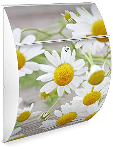 Burg Wächter Design Briefkasten| Modell Riviera 46cmx33,5cmx13cm groß| verzinkter Stahl weiß | Postkasten mit Öffnungsstopp, großer A4 Einwurf, Zylinderschloss, 2 Schlüssel Kamillenblüten