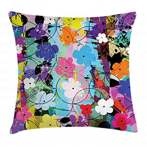 ABAKUHAUS Bunt Kissenbezug, Abstrakte Blumengrafik, für den Innen oder Außen Bereich geeignet mit Reißverschluß Waschbarer Stoff, 50 x 50 cm, Magenta Aqua