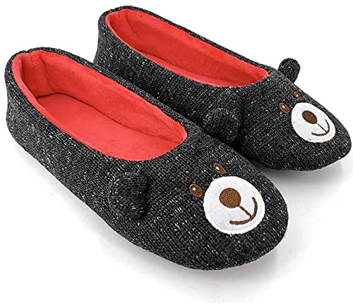 ofoot Femmes Ballerine Moelleux Tricot éraflure Pantoufles, Mignon nouveauté Visage Animal Anti-dérapant en Caoutchouc Semelle Maison Chaussures Plates,36/37 EU,Ours au charbon-Ours au Charbon