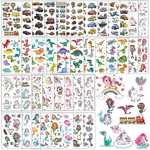 Tattoo Kinder,40 Blätter Temporäre Tattoos Set mit Einhorn Meerjungfrau Dinosaurier und Fahrzeuge,Tattoo Mädchen Jungen, Aufkleber für Kinder Mitgebsel Kindergeburtstag