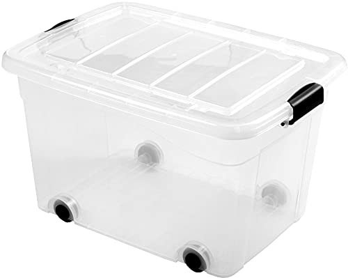 Ondis24 Aufbewahrungsbox, Rollbox mit Deckel, 60 L, transparente Kunststoffbox, stapelbar, nestbar, Lagerbox ca. 61 x 45 x 36 (H) cm