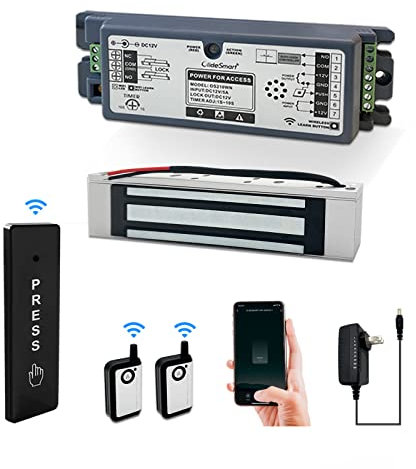 Olide 2.4GHz WiFi Access Control 400lb Holding Force Electric Magnetic Door Lock System Kit with Remote and Smartphone app Control, paired with Wireless Slim Push Switch