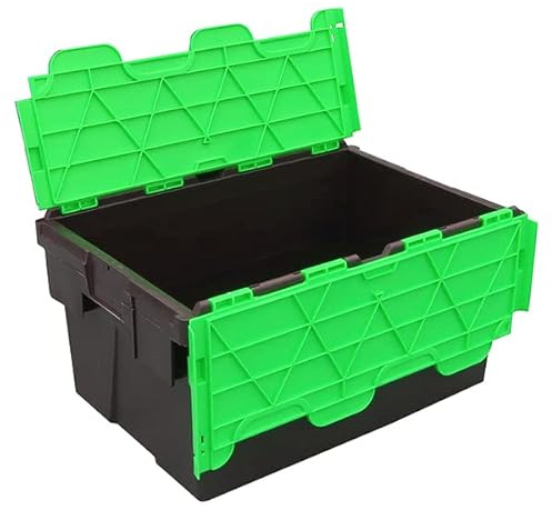 Pack of 5 - Plastic 55 Litre Heavy Duty Storage Box Tote Crates (60 x 40 x 30.6cm) Plastor Black with Green Attached Hinged Lids