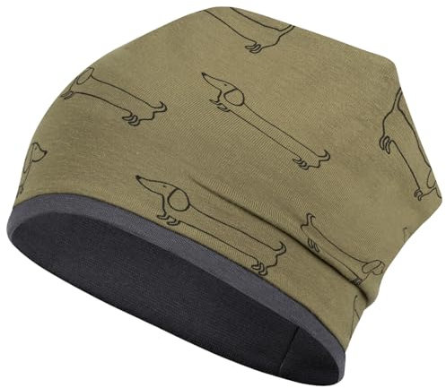 Mütze Junge Übergangsmütze Beanie Kindermütze Baby Hunde Fuchs Allover-Print, Größe: 50-52, Farbe: Khaki