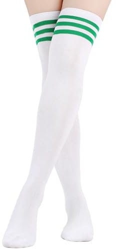 Miklettie Kniestrümpfe Damen mit Streifen Overknees Hohe Socken Mädchen Cospaly Strümpfe weiß mit Streifen Grün