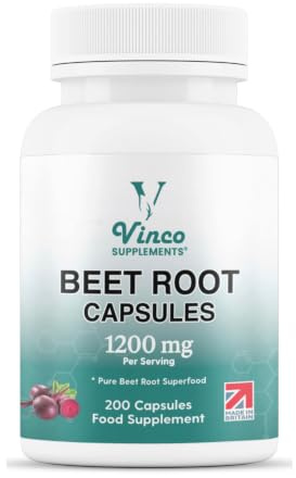 Vinco Beetroot Capsules - 1200mg Beetroot Powder Per Serving - UK Made, Non-GMO, Gluten-Free, Vegan Food Supplement - 200 Capsules