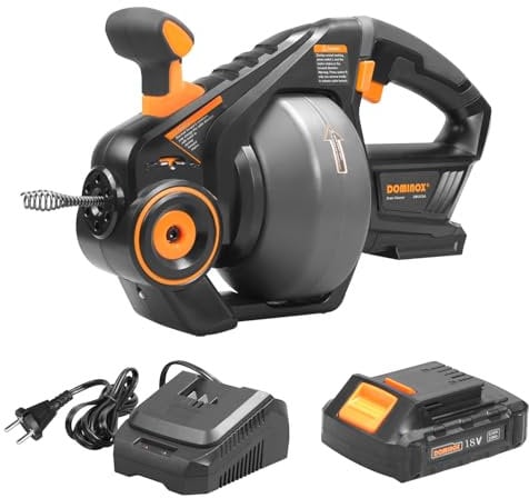 DOMINOX 18V Akku-Rohrreiniger mit 7,6m Reinigungsspirale, Abflussreiniger Spirale für 18-65mm Rohrverstopfungen (Kommt mit Batterie und Ladegerät bei Lieferung)