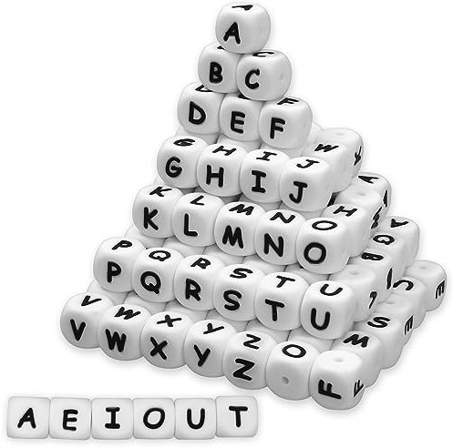 110 perline in silicone con lettere dell'alfabeto A-Z (extra per vocali), 12 mm, quadrate, per braccialetti fai da te, portachiavi, collane, cordini, creazione di gioielli