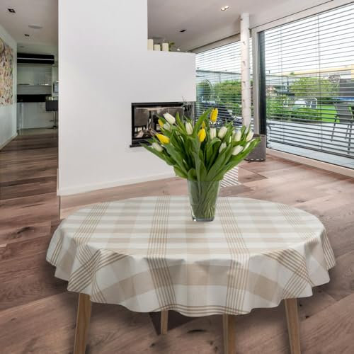 laro runde 140 cm wachstuchtischdecke wachstischdecke abwashbar PVC tischdecke Wachstuch wasserabweisend Garten tischdecke, Muster:Karriet Beige