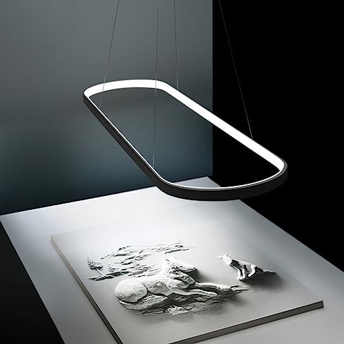 Bellastein Pendelleuchte Oval Esstisch Büro Lampen, LED Hängeleuchte Dimmbar Deckenleuchte mit Fernbedienung, Modern Ring Design Kronleuchter für Esszimmer Küchenlampe Blendfrei (schwarz, L70cm)