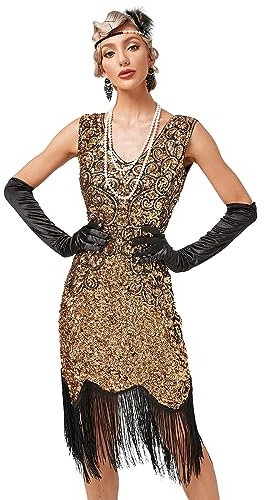 Odizli 20er Jahre Kostüm Damen Vintage Gatsby Glitzer Pailletten 1920er Charleston Flapper Fransenkleid Frauen Sexy Ärmellos V-Ausschnitt Kurz Abendkleid Hochzeit Party Cocktailkleid Gold Schwarz L